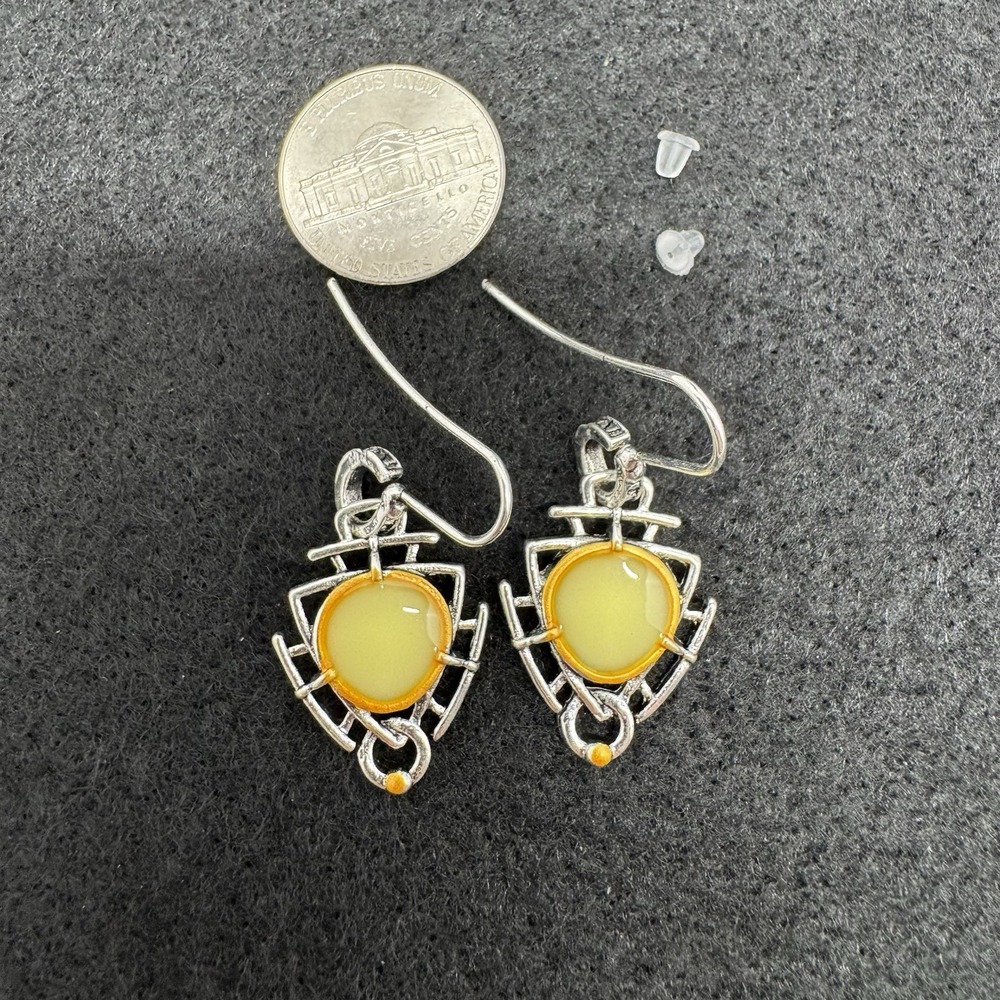 Yellow Cabochon Geometric Dangle Earrings Silver Tone Boho Tribal New